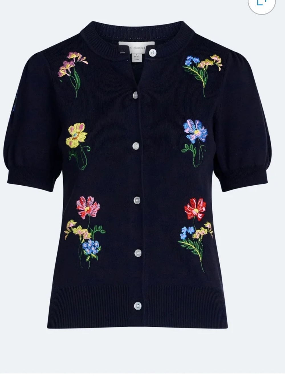 NWT Embroidered Floral Navy Short-Sleeve Cardi vintage style Free Assembly XS